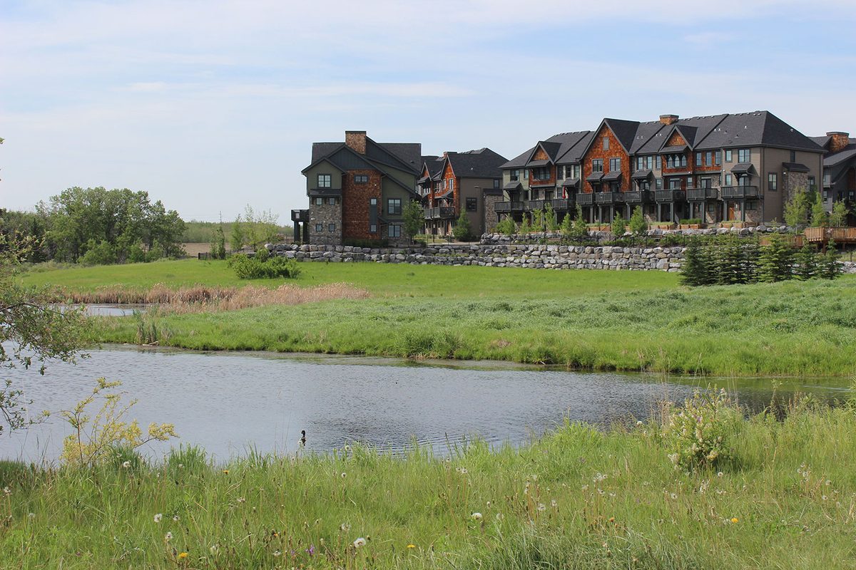 Townhomes above a wetland pond in Aspen Woods