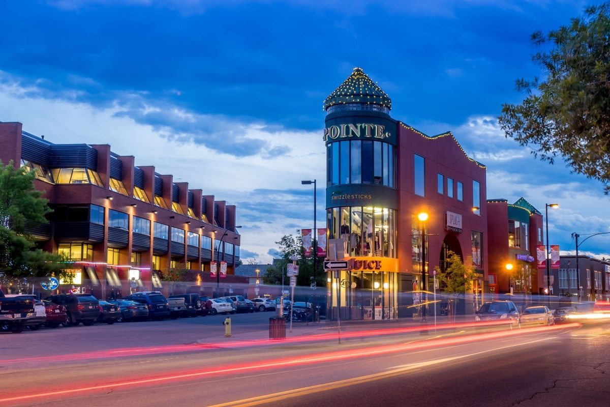 Kensington shops lit up at dusk